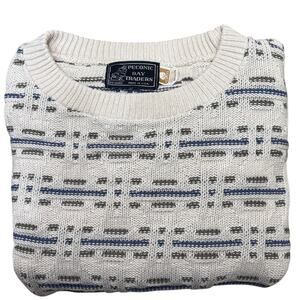 Vintage Textured Dashes Cotton Crew Neck Sweater Medium Cream Green Blue USA